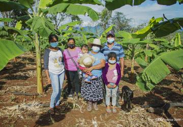 A family of six, wearing masks, in the middle of a crop field.