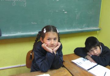 Una niña y un niño sentados en sus pupitres frente a un pizarrón en un salón de clases.