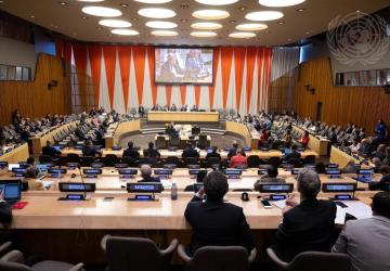 A wide view of the Interactive Dialogue of the Economic and Social Council on Operational Activities for Development Segment. On the screen is Secretary-General António Guterres.
