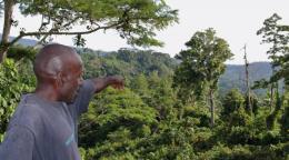 Un hombre se encuentra al frente de un exuberante valle verde de árboles y colinas. Se muestra señalando detrás de él hacia unas montañas verdes.