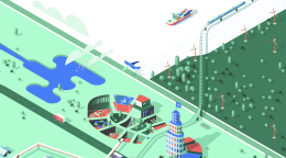 Cover shows the title in bold capital letters above an animated above scenic view of land and environment-friendly resources and systems.