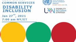 تُظهر الصورة عنوان العرض التقديمي في الزاوية اليسرى العلوية من الشريحة. في الركن الأيمن العلوي يوجد شعار مجموعة الأمم المتحدة للتنمية المستدامة واستراتيجية الأمم المتحدة للإعاقة، وفي الثلثين السفليين من الوثيقة يوجد سطرين من الدوائر بألوان مختلفة.