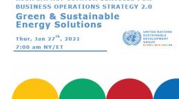 تُظهر الصورة عنوان العرض التقديمي: الخدمات المشتركة عالية التأثير وحلول الطاقة الخضراء والمستدامة. في الركن الأيمن العلوي يوجد شعار مجموعة الأمم المتحدة للتنمية المستدامة، وفي الثلثين السفليين من الوثيقة توجد دوائر ملونة.