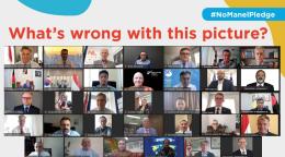 Several people in their chat screens above logos from many different organizations.