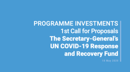 A blue cover with the words: PROGRAMME INVESTMENTS 1st Call for Proposals The Secretary-General’s UN COVID-19 Response and Recovery Fund