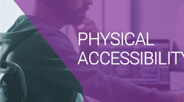 Person using a wheelchair and a computer with the title of Physical Accessibility, High-Impact Services and logo of UNSDG and Be More Efficiency Agenda