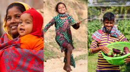 Three pictures mashed, showing from left to right a mother holding a child, a running girl and a man harvesting some eggplants.