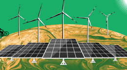 A graphic depicting alternative energy (solar panels and wind turbines).