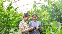 Две молодые женщины стоят в теплице и изучают показатели электронного датчика