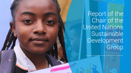 A girl in a school uniform holds up a frame with the colours and icons of the SDGs. On the right is a blue panel with the title of the report