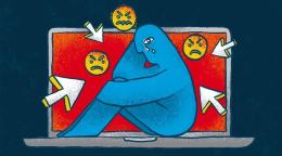 A graphic with a blue being kneeling on the ground against a red computer with arrows pointing at it.