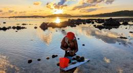 A woman crouches in the water along the coast