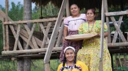 Three women in an outdoor setting looking at the camera and smiling