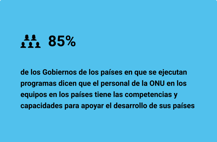 85% de los Gobiernos de los países en que se ejecutan programas dicen que el personal de la ONU en los equipos en los países tiene las competencias y capacidades para apoyar el desarrollo de sus países