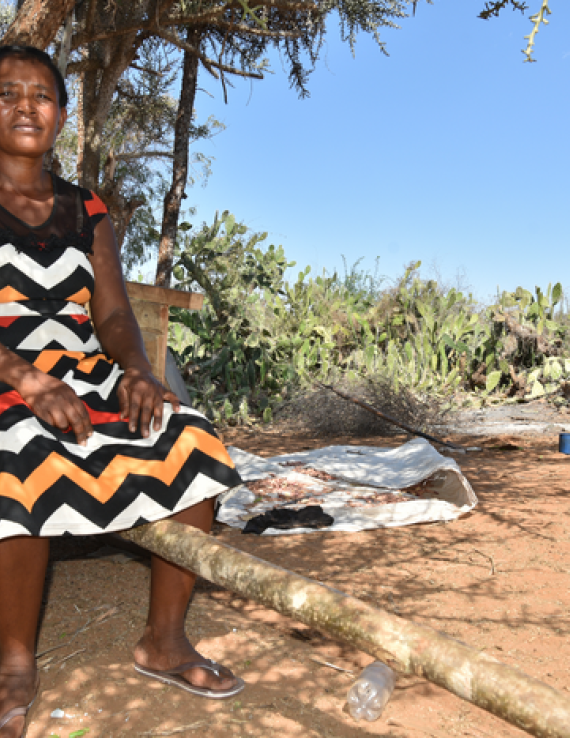 A Malagasy woman wearing a dress sits on the edge of a wheelbarrow, in the shade of a tree, near a field, and looks at the camera with her hands in her lap.