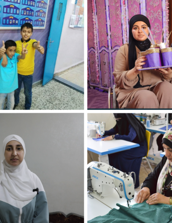 A collage of 4 photos, starting with school aged boys (top left) and three women in individual shots in the other 3 images.
