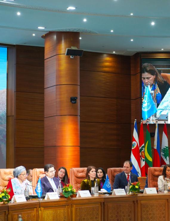 The deputy head of the UN sits on a panel with dignitaries and appears on a wide screen, with country's flags and flowers around the table.