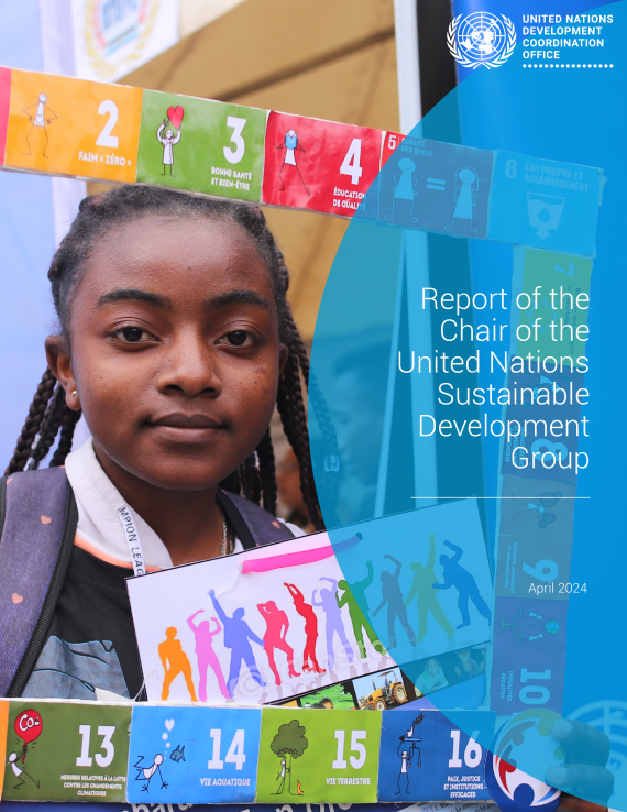 A picture of a girl in a school uniform holding a frame with the colours and icons of the Sustainable Development Goals. On a blue coloured frame, the title of the report appears on the right hand side.