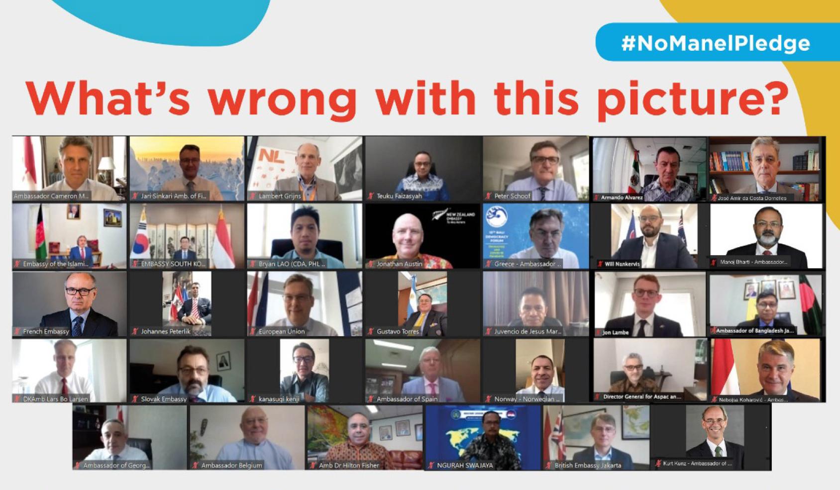 Several people in their chat screens above logos from many different organizations.