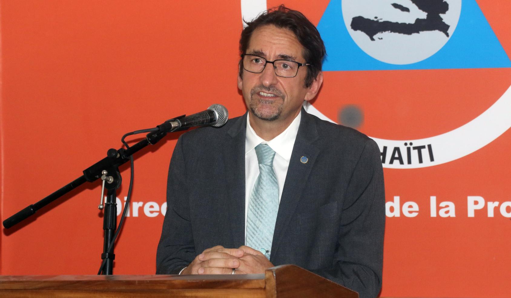 Resident Coordinator/Humanitarian Coordinator, Bruno Lemarquis, addresses reporters at a press conference for the launch of the Haiti Appeal.