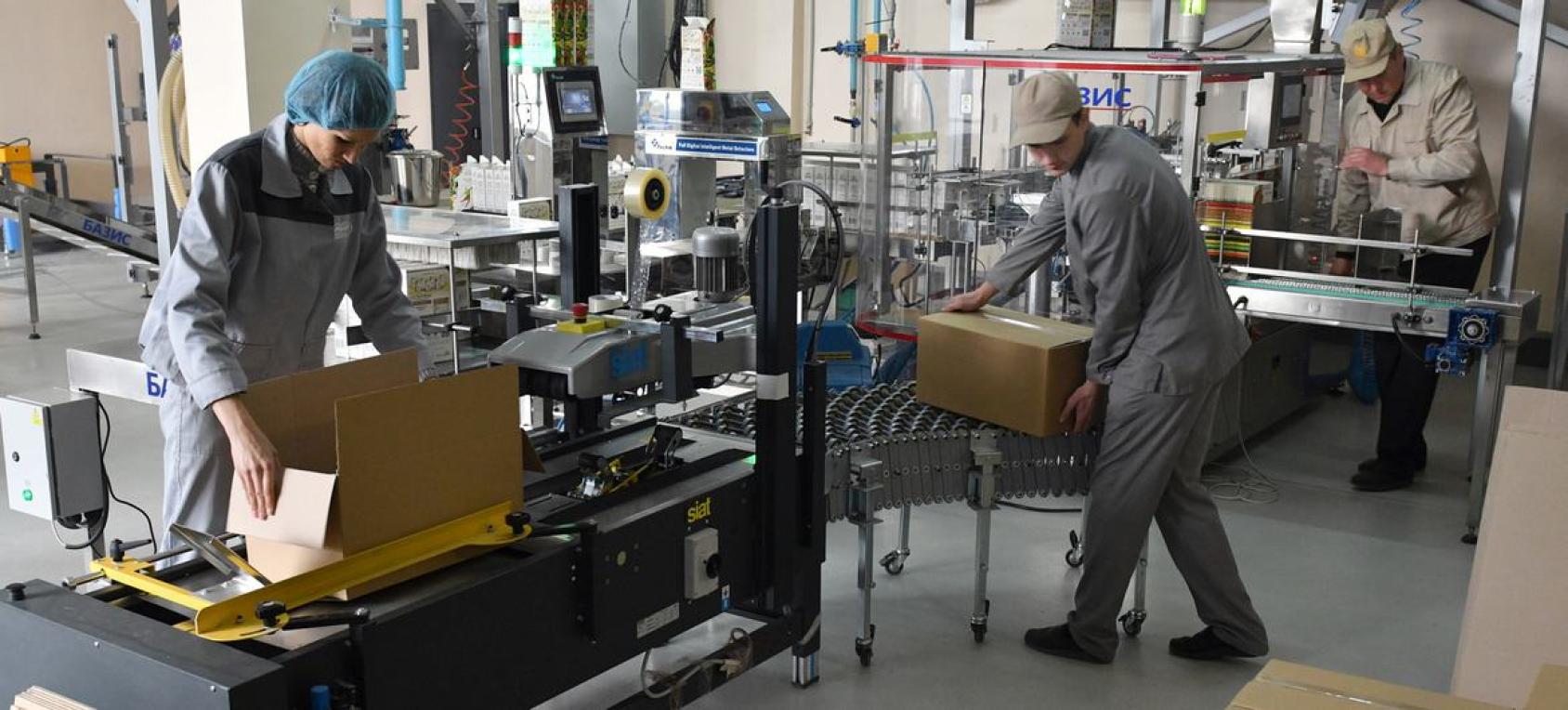 Workers at the grain processing plant. 