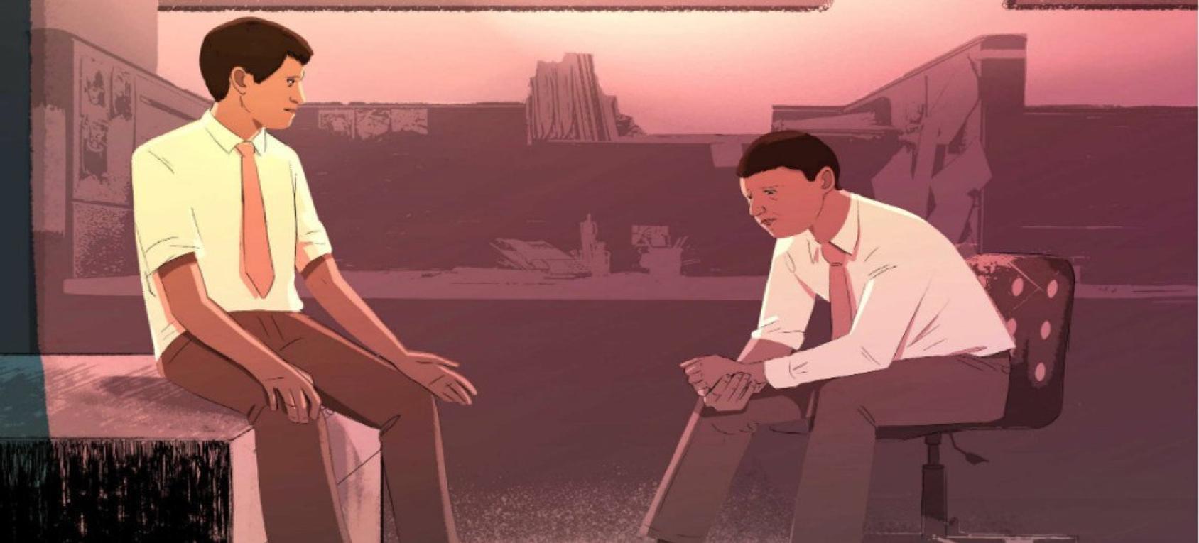 صورة متحركة لرجلين أحدهما مكتئب.