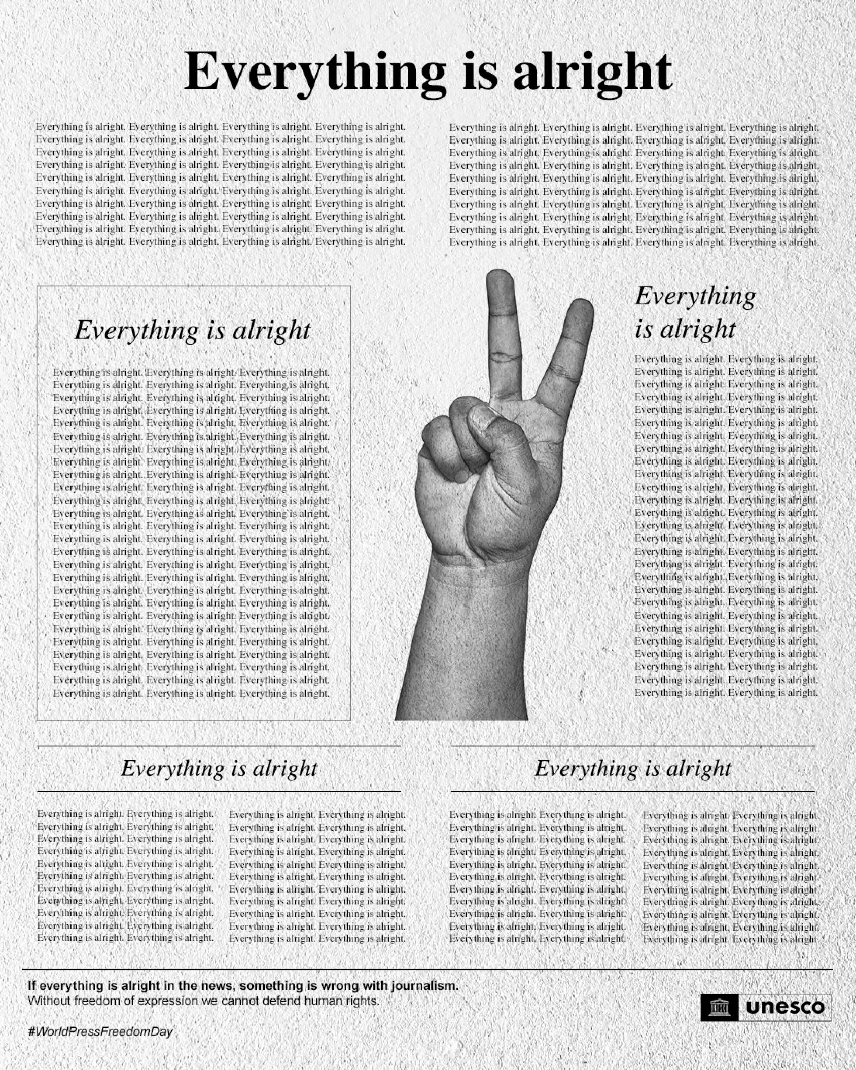 Graphic of a hand showing a peace sign with words all around it