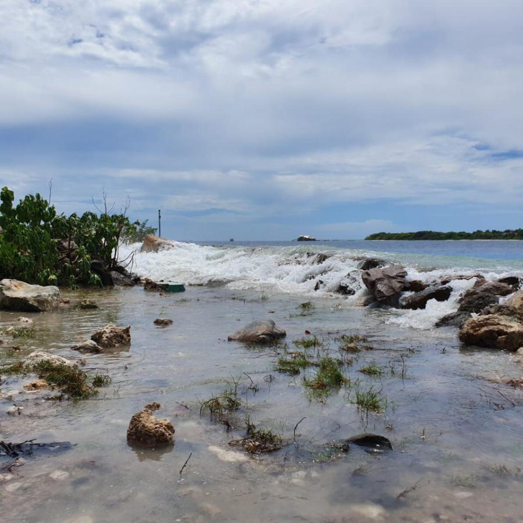 A scene of waves crashing on a rocky shore in Maldives. Green plants dot the left side of the picture