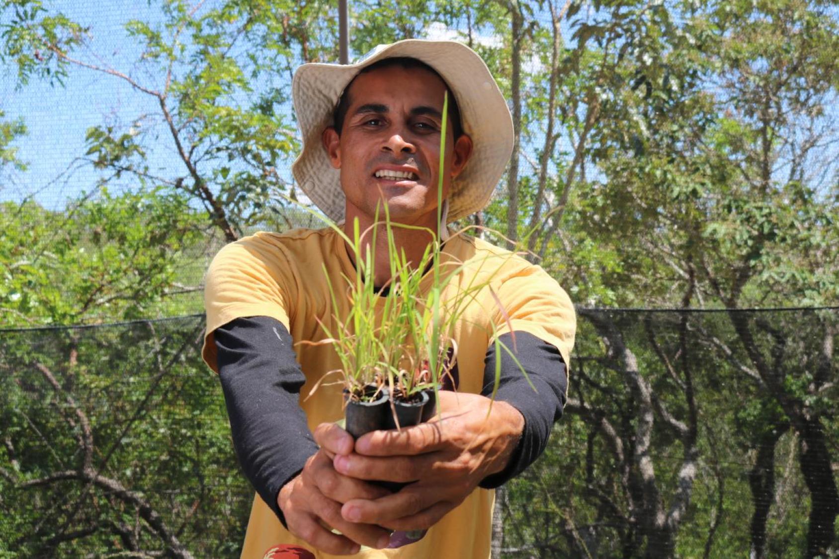 A man in a yellow shirt and hat holds out a plant