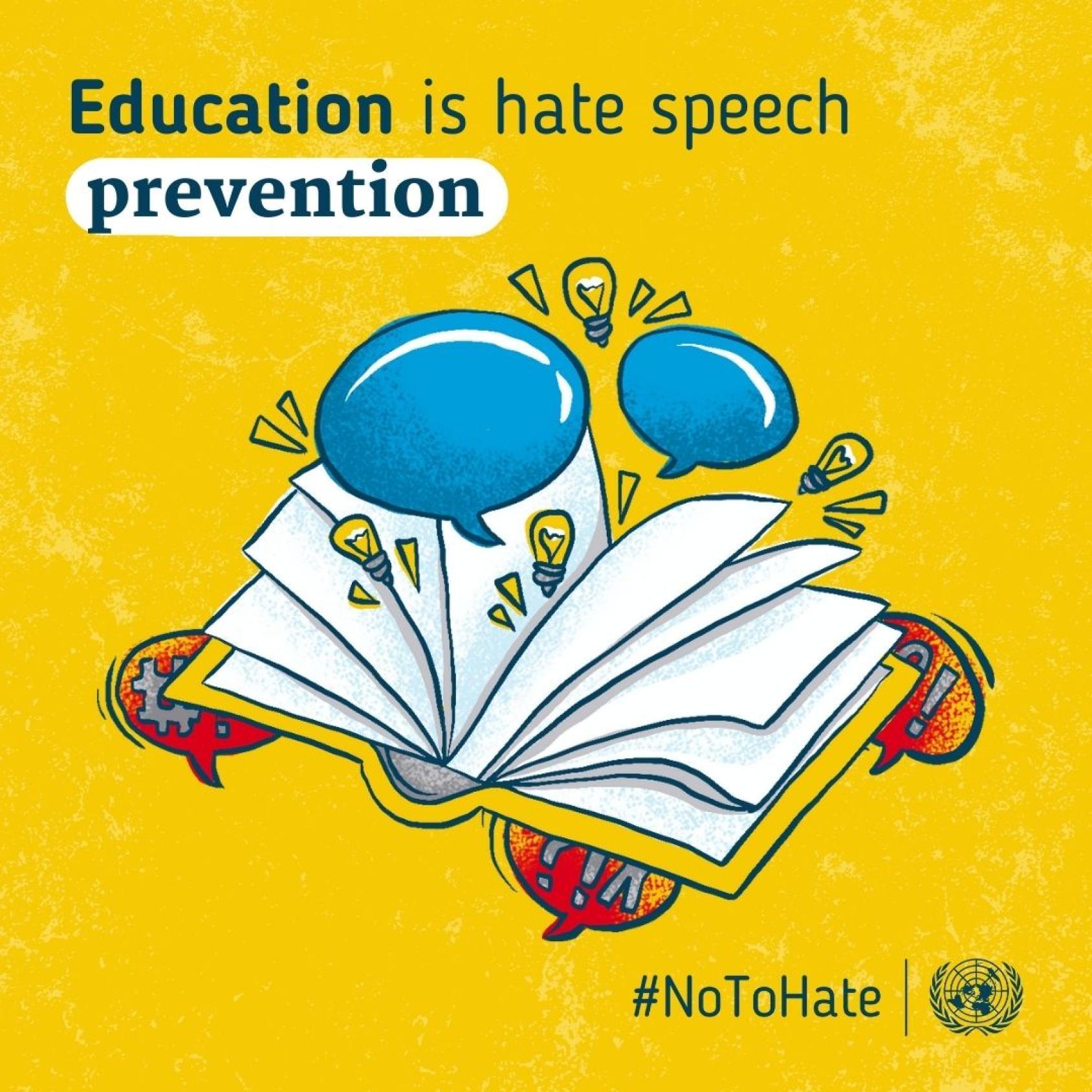 A graphic with an open book with blue speech bubbles emerging from it depicting how to counter hate speech.