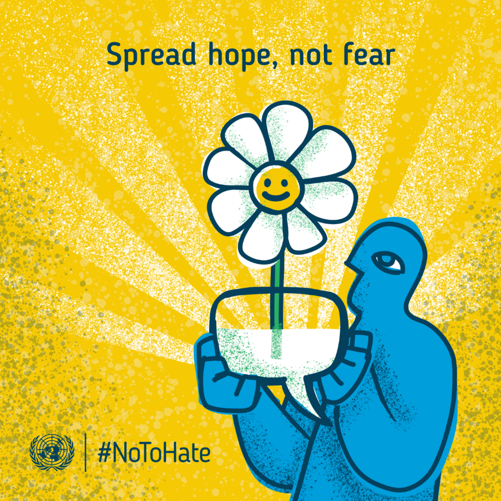 A graphic with a blue being holding up a speech bubble from which emerges a white flower like a daisy, depicting the UN's stance on hate speech.
