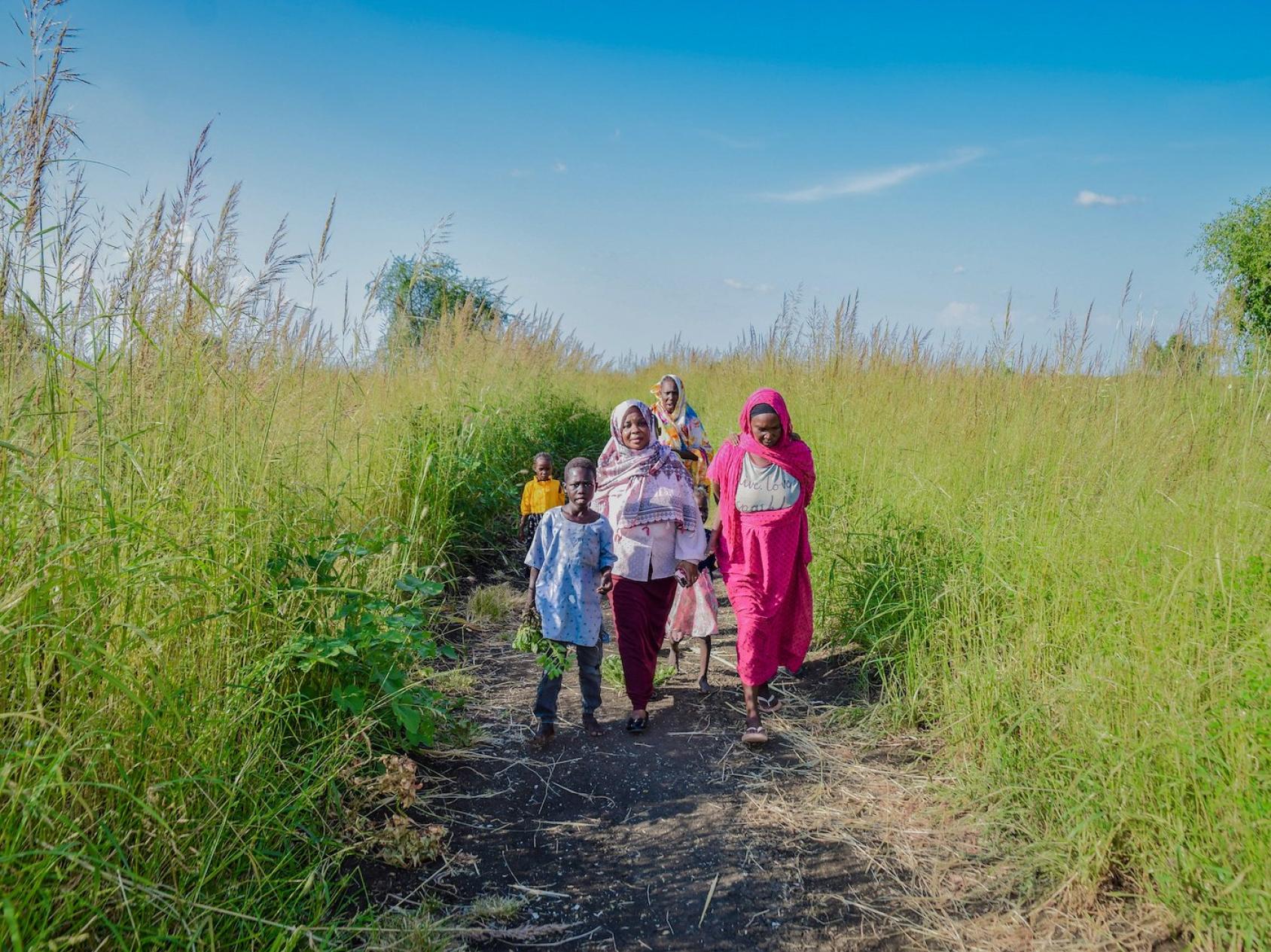 A group of women and children in colourful clothes make their way through a green thicket.