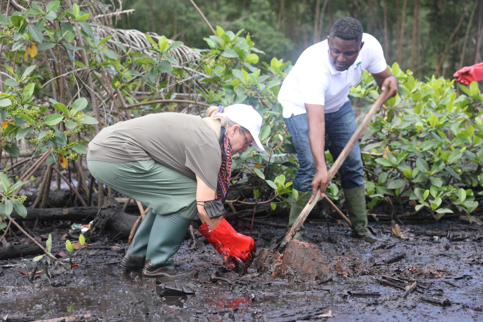 A woman in a grey shirt and pants digs into the soil with a man in a white shirt carrying a hoe
