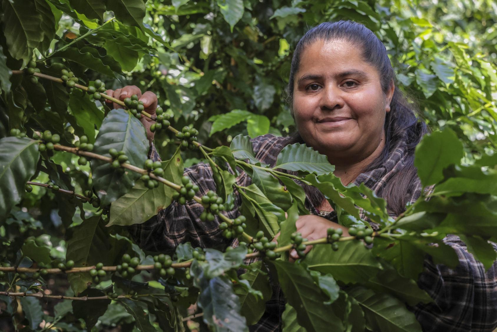 A young woman is looking at the camera from behind some trees