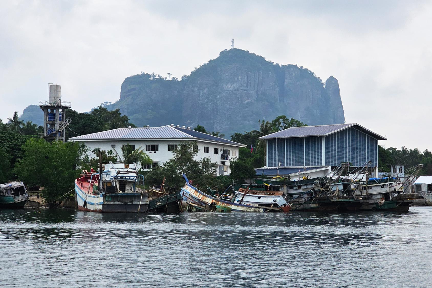 Несколько лодок у берега со зданиями и горой на заднем фоне