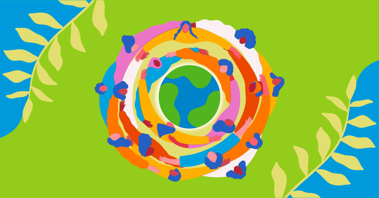 Women in bright colours forming circles around the earth against a mostly green background with olive branches on the upper left and lower right corner.
