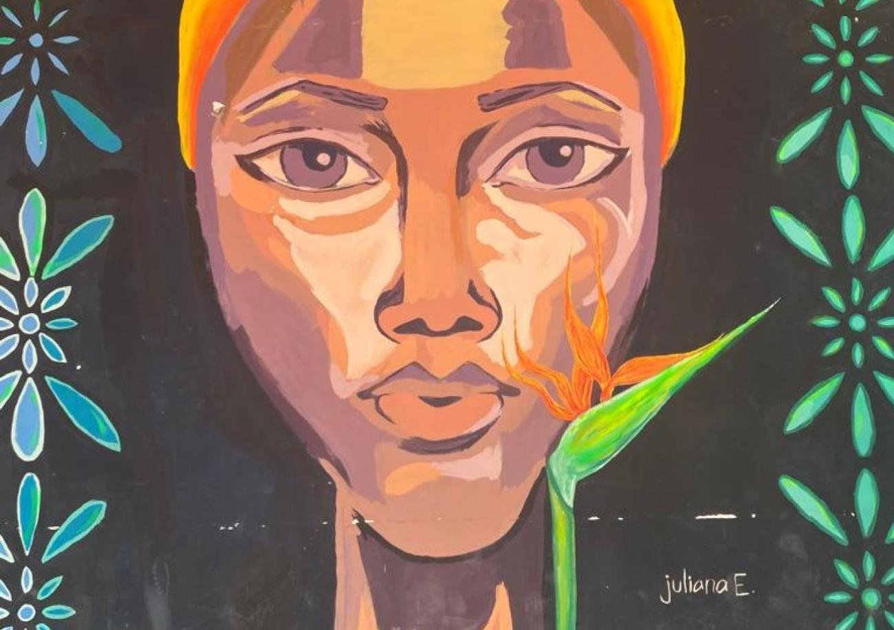 Gros plan sur la peinture murale de la "Casa de Integración Comunitaria” ("Maison d’intégration communautaire") du "Quartier du 26 février", dans la province d’Esmeraldas, située à l'extrême nord-ouest de l'Équateur.