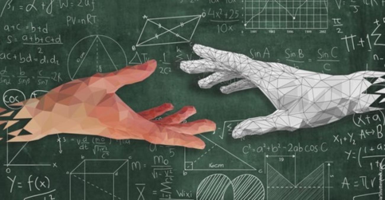 A drawing of a human hand meeting a robotic hand