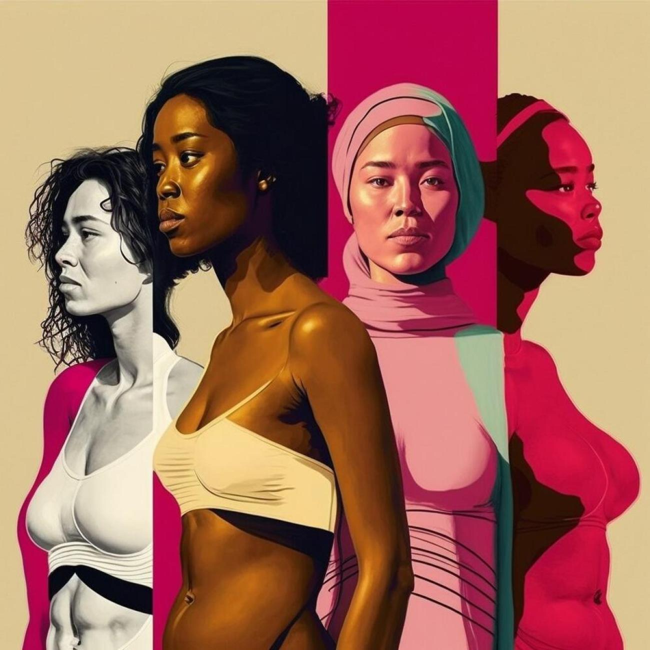 Drawings of three women standing side by side in bright colours