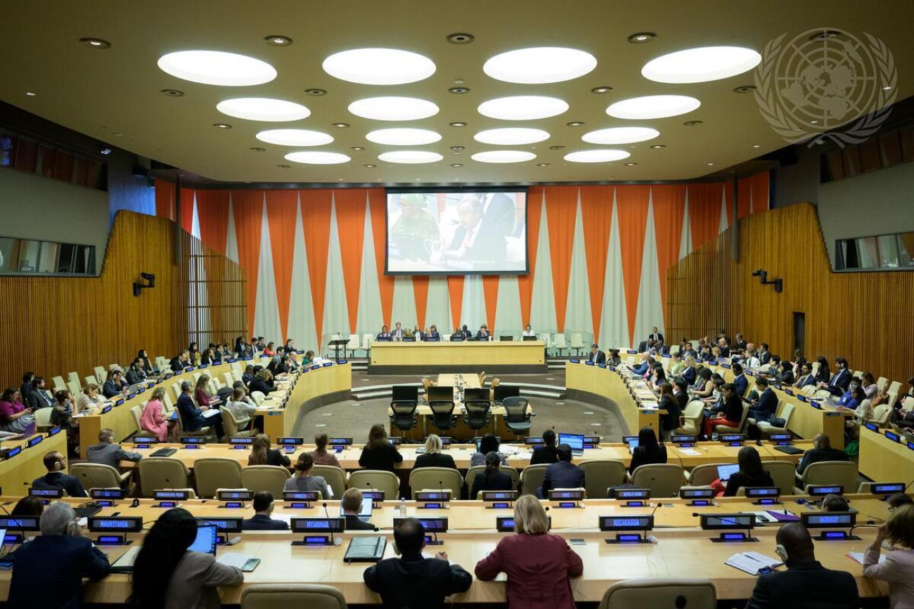 ECOSOC chamber room at the UN filled with men and women sitting in chairs and at the dias
