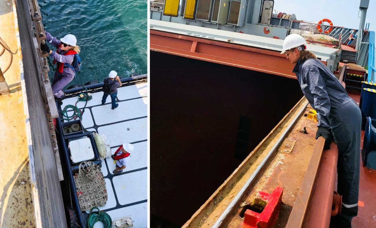 Workers on a ship inspects different parts and pieces