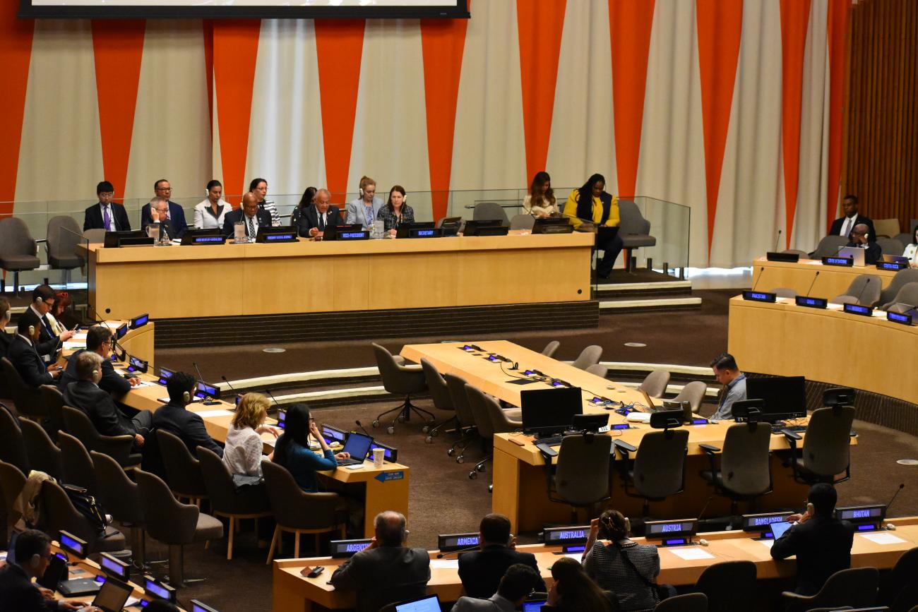 A wide angle photo of the UN ECOSOC conference room with several people seated at a podium and others at seats around a rotunda, in discussion.