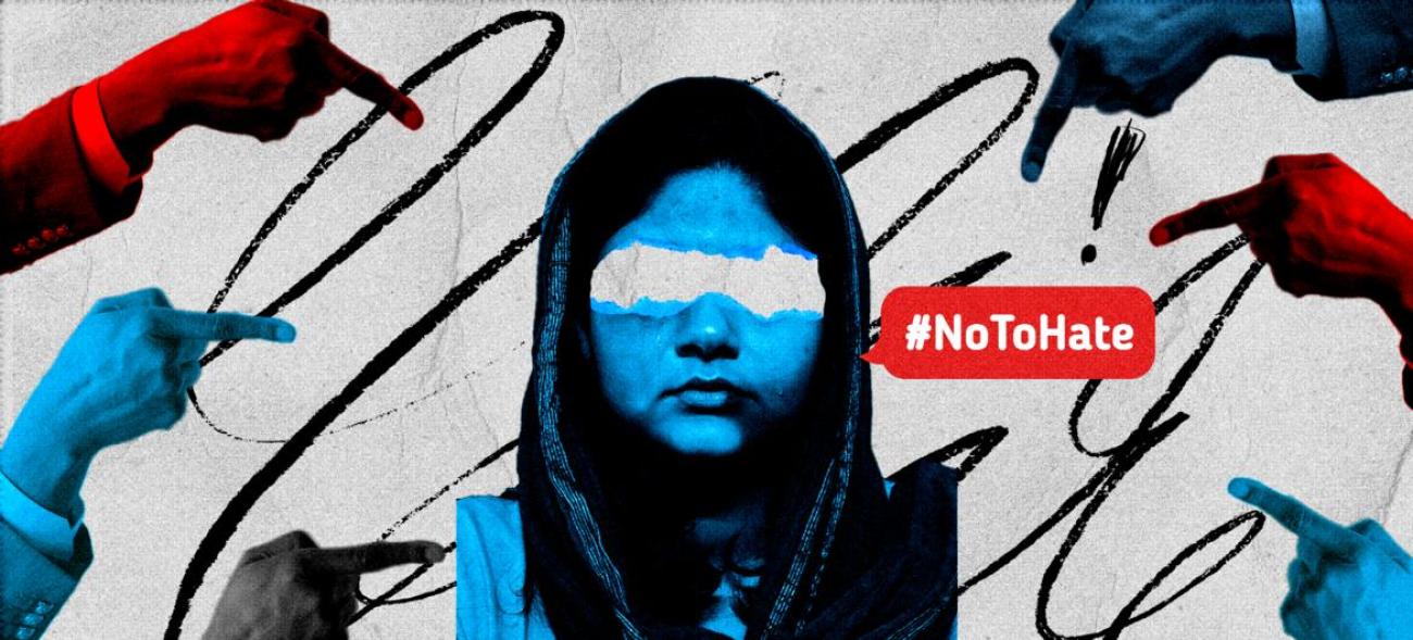 A graphic with a woman at the center and fingers in red and blue pointing at her, depicting hate speech