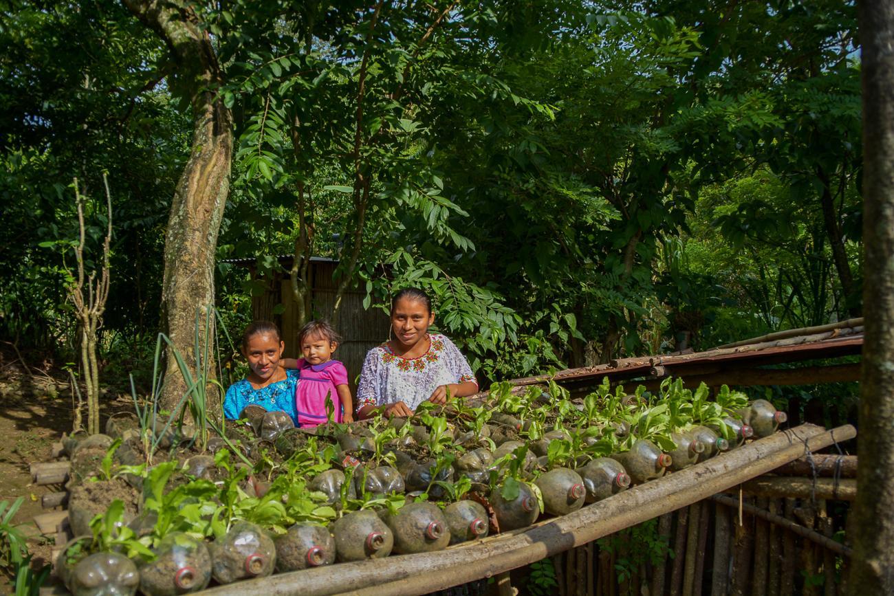 A woman in a white dress along with two small children in pink and blue dresses sits amidst her green produce, plants and vegetables in Guatemala