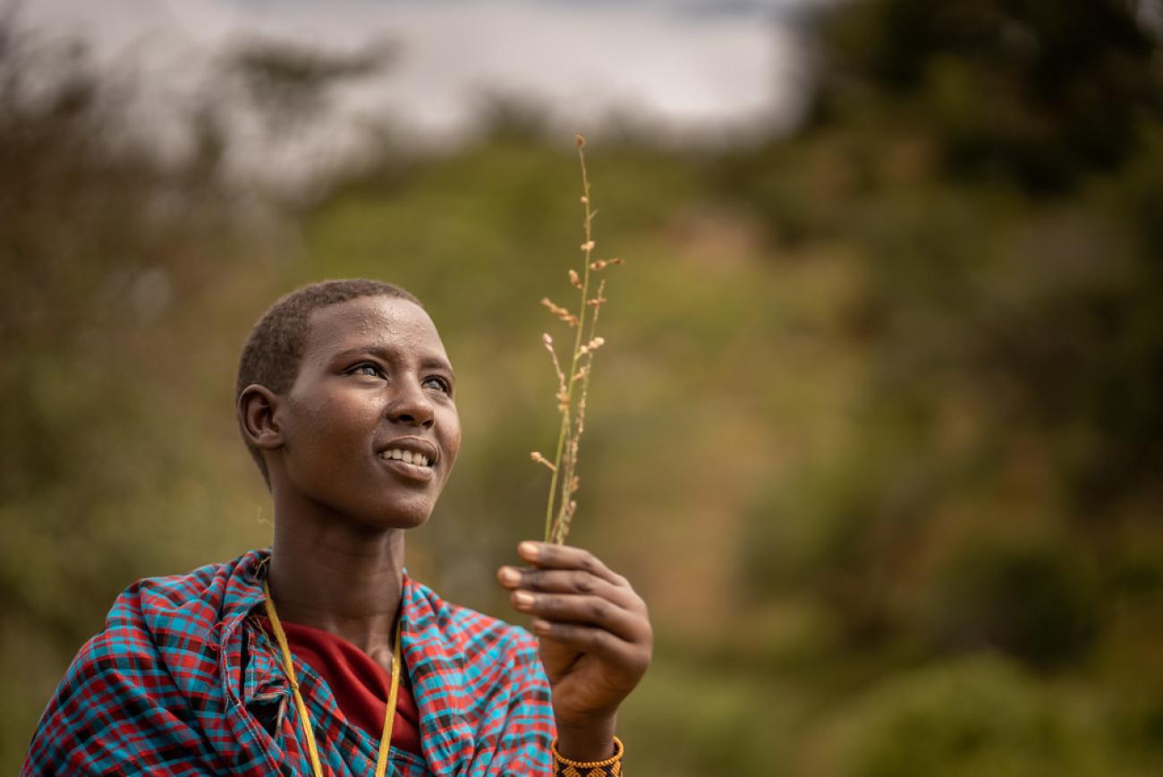 A young man in a traditional clothing holds up a sprig of a plant seeing it in the light