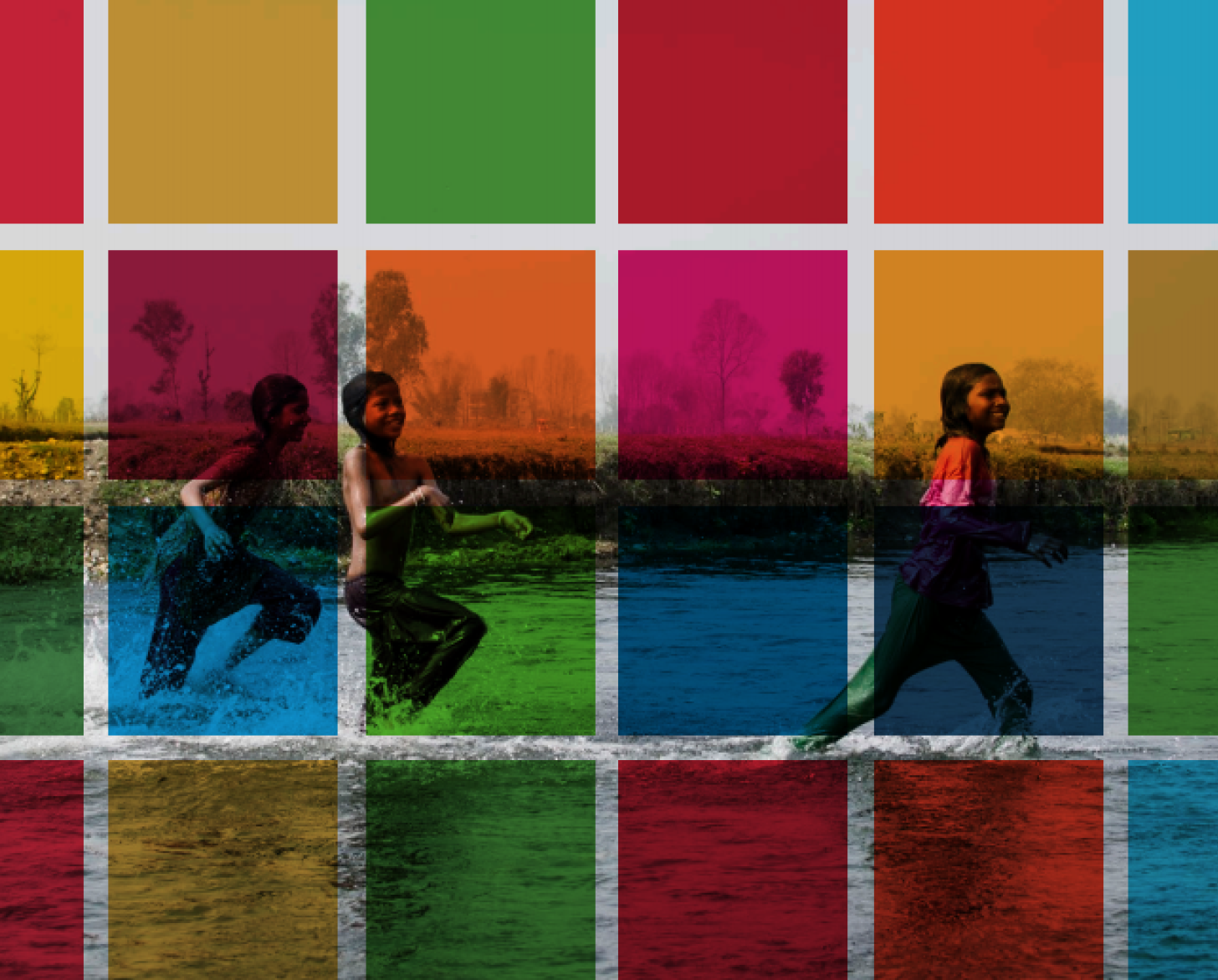 Report cover image showing kids playing in water behind a colourful tile overlay.
