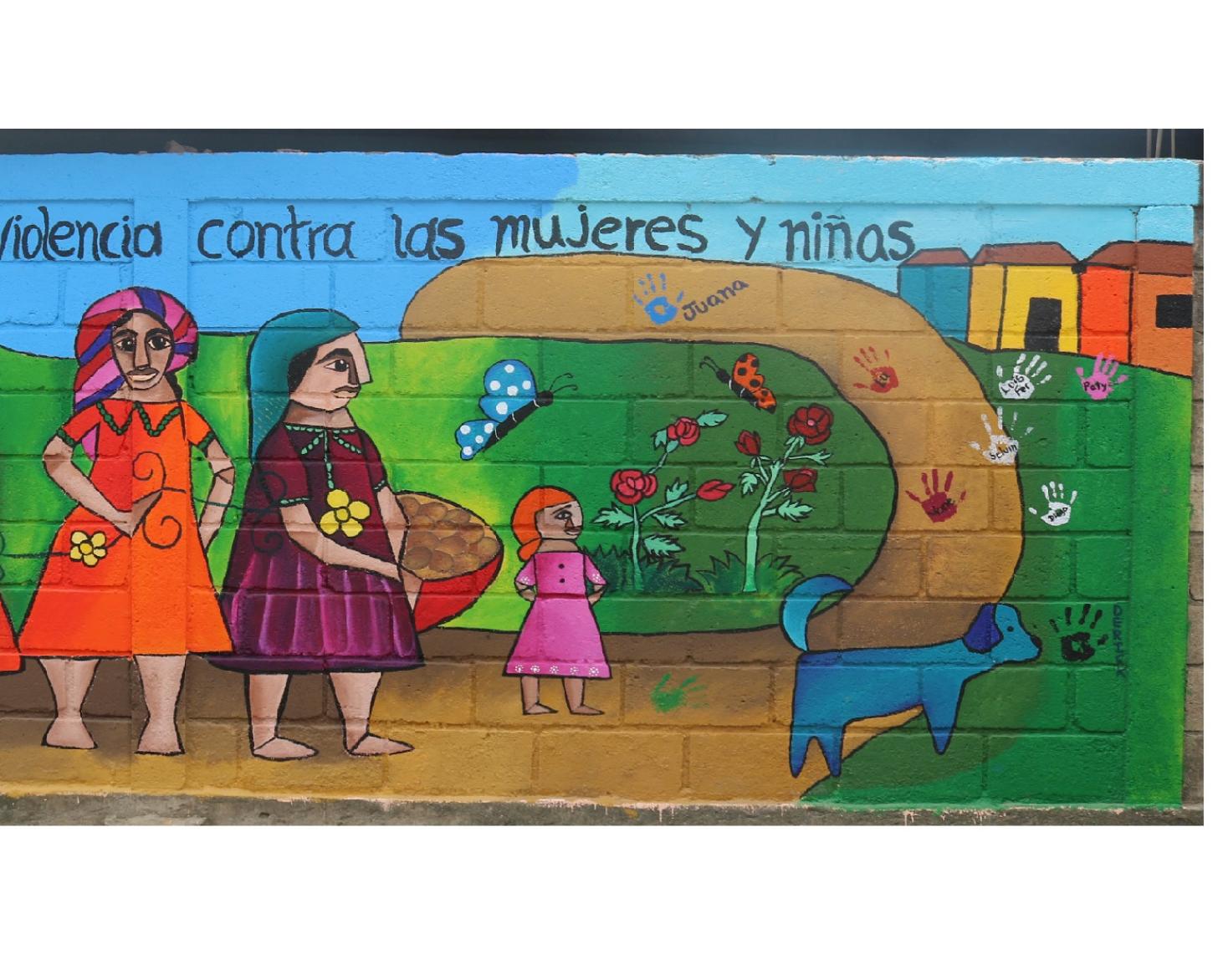 Three tiles of images: the first shows members of the indigenous community painting around a table, the second shows the full mural which displays indigenous women under the headline "For a community free of violence against women and girls;" and the third shows community members standing in front of the painted mural. 