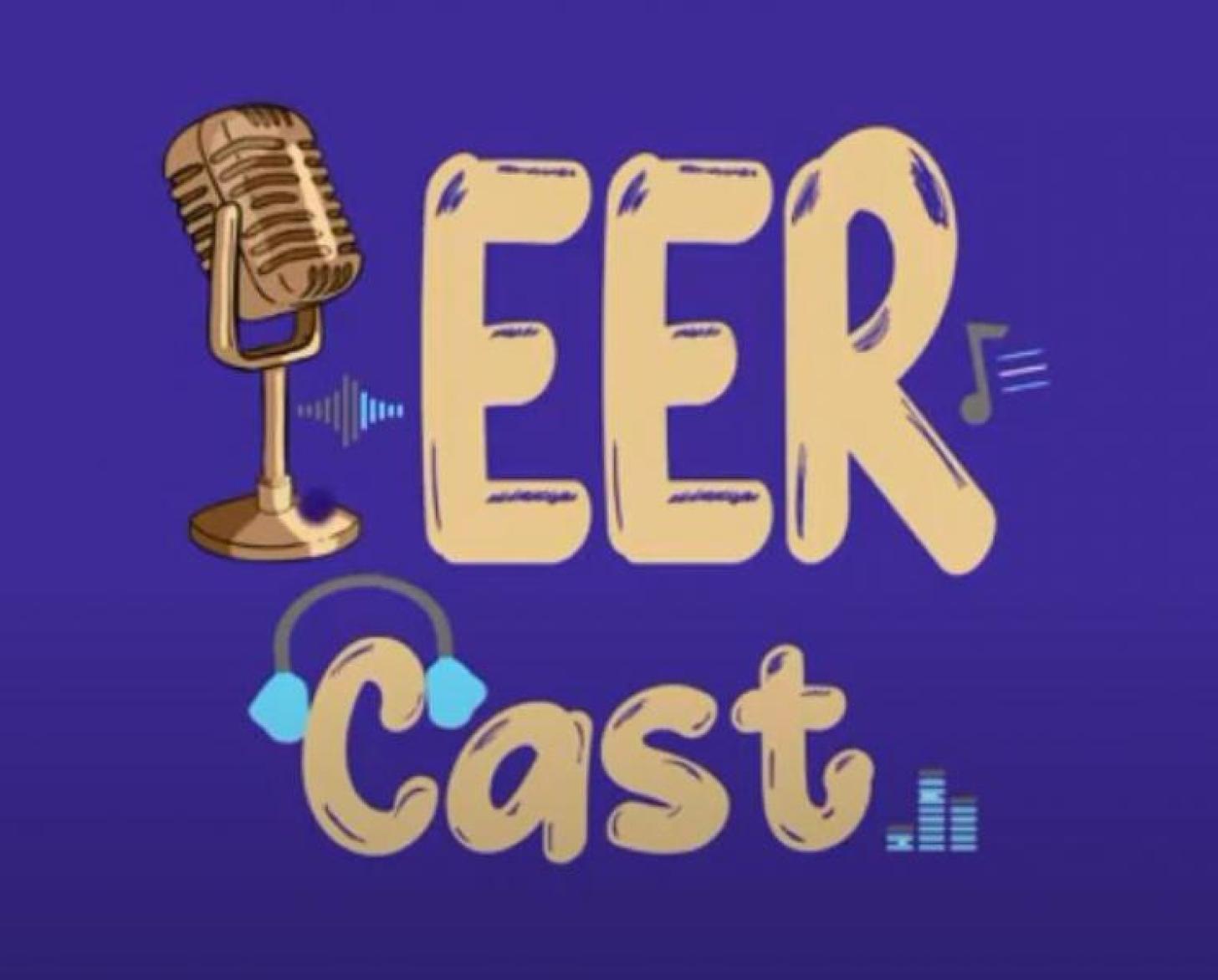 The image shows the text Peer Cast in large graphic fonts with a microphone in place of the P in Peer, and headphones drawn over the C in cast.