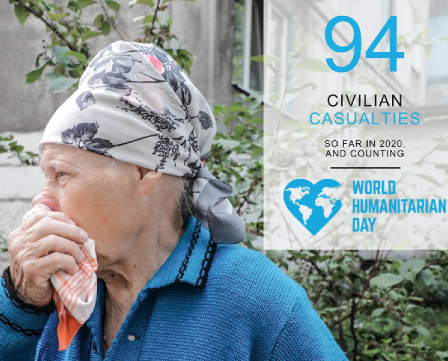 Una mujer mayor mira de reojo a la cámara mientras se tapa la boca con una servilleta de tela. Junto a ella se coloca un dato que señala que en lo que va de 2020 ha habido 94 víctimas civiles.