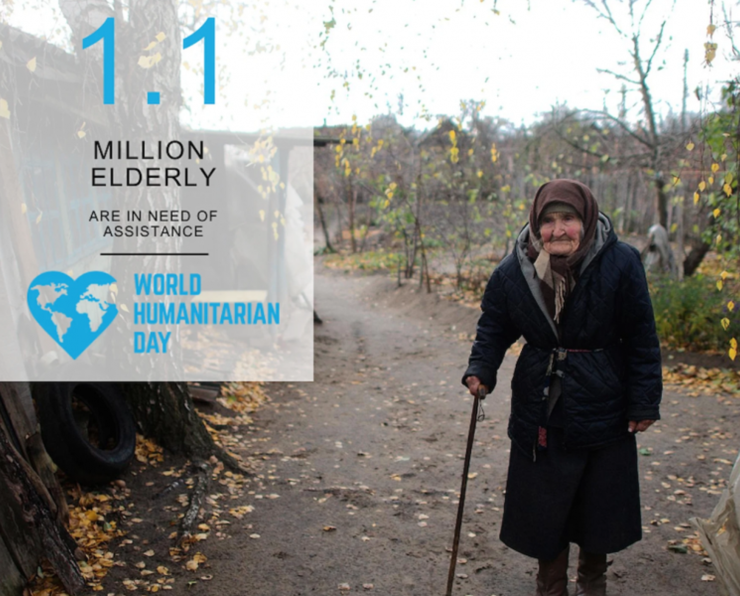 Foto de una mujer mayor sosteniendo su bastón con un dato a su izquierda que indica que 1,1 millones de ancianos necesitan ayuda humanitaria.